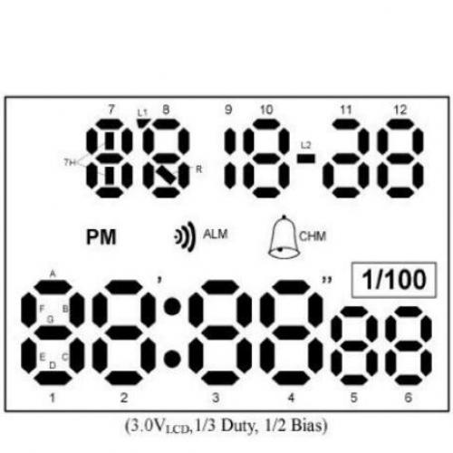 十二位LCD显示手表 带RGB背光3.0V