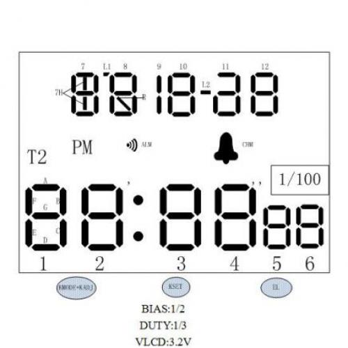 十二位LCD显示手表 三键 带EL背光3.0V